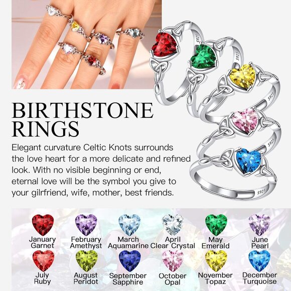 925 Sterling Silver Good Luck Celtic Twisted Knot/Claddagh Heart Birthstone Ring - Picture 2 of 7